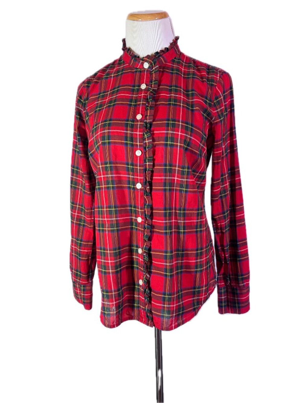 J. Crew Factory Size S Tartan Plaid Ruffle Collar Shirt Red F7852